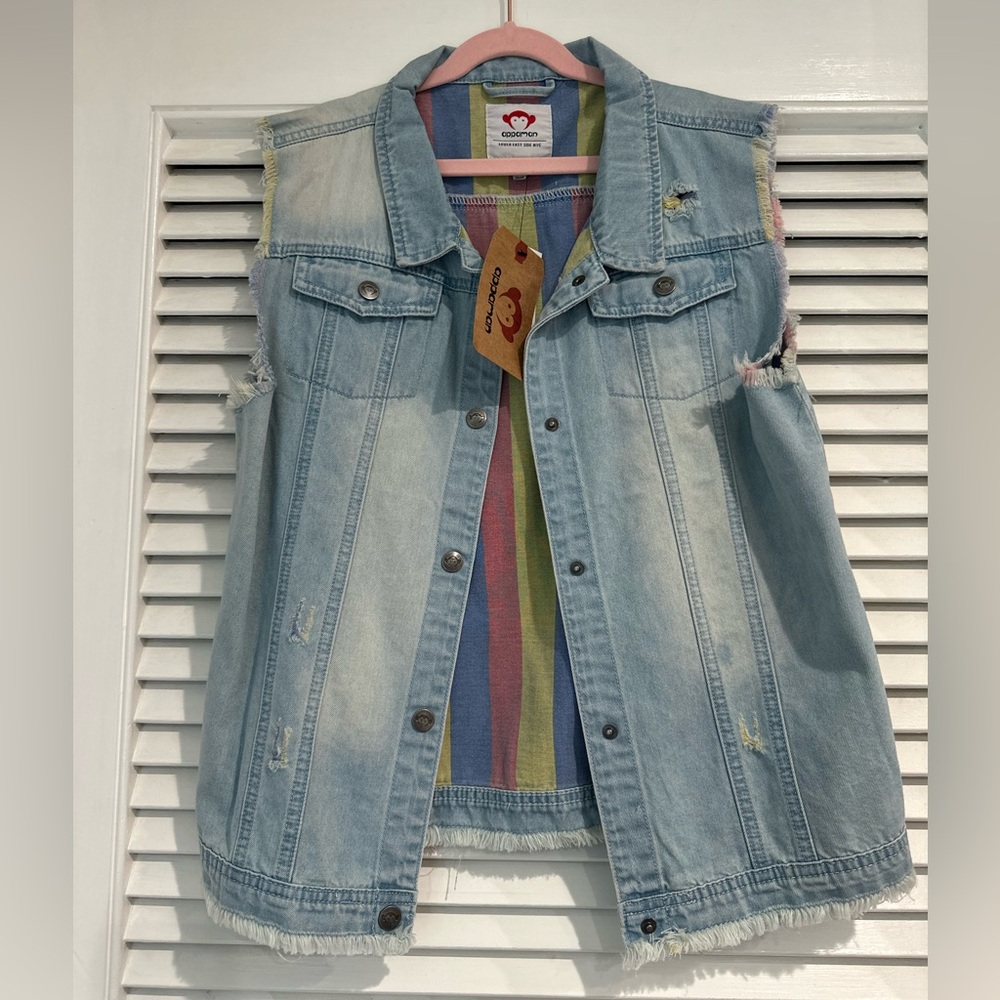 Appaman sleeveless Light Blue Jean Jacket with Multicolor Stripes